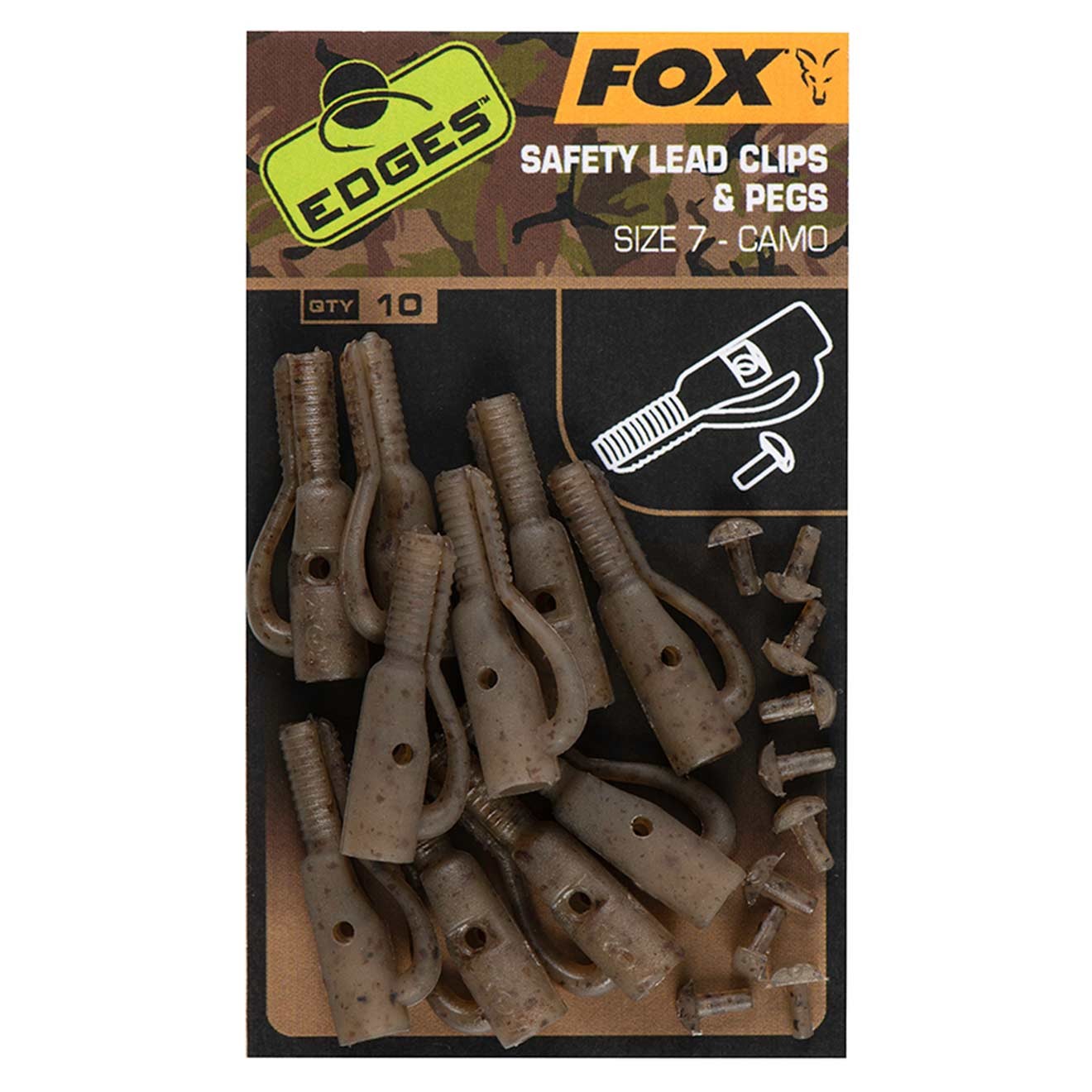 FOX závěska na boční zátěž EDGES CAMO SAFETY LEAD CLIP & PEGS vel.7